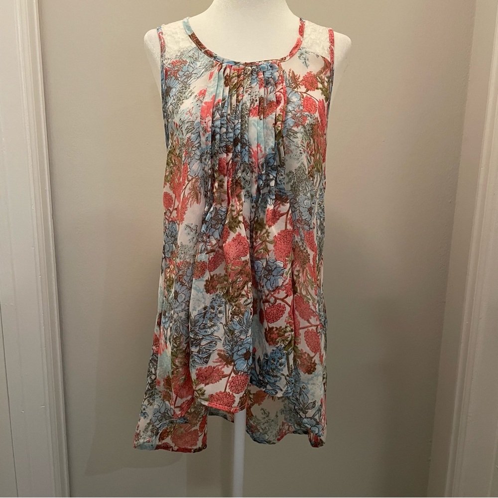 Fashion Web Chiffon and Lace Floral Pleated Sleeveless High Low Hem Top Wm Sz L